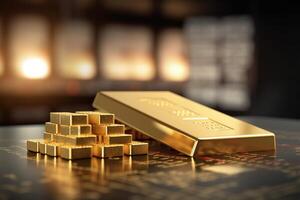 gold bar on the table. 3d rendered illustration. gold bar Ai Generated photo