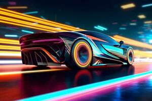 3D rendering of a brand-less generic concept car in neon light Ai Generated photo