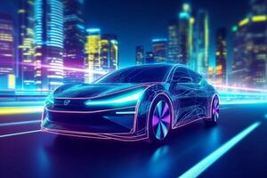3d rendering of a blue sport car in the neon light city at night photo