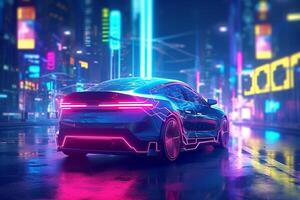 3d rendering of a blue sport car in the neon light city at night Ai Generated photo