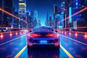 3d rendering of a blue sport car in the neon light city at night Ai Generated photo