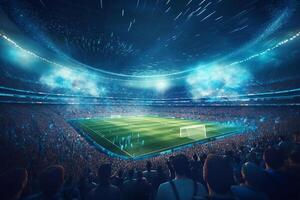 fútbol americano estadio con aficionados y luces en el antecedentes. 3d representación ai generado foto