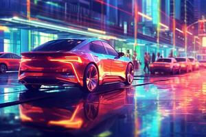 3d rendering of a blue sport car in the neon light city at night Ai Generated photo