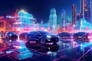 3d rendering of a blue sport car in the neon light city at night Ai Generated photo