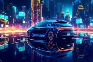 3d rendering of a blue sport car in the neon light city at night Ai Generated photo