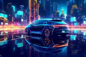 3d rendering of a blue sport car in the neon light city at night photo