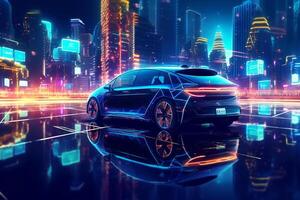 3d rendering of a blue sport car in the neon light city at night Ai Generated photo