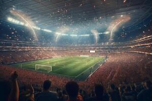 Football stadium with fans and lights in the background. 3d rendering Ai Generated photo