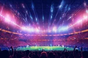 Football stadium with fans and lights in the background. 3d rendering Ai Generated photo