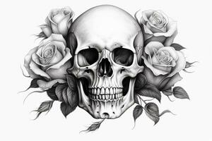 Skull with floral wreath on white background. Hand-drawn illustration. Ai Generated photo
