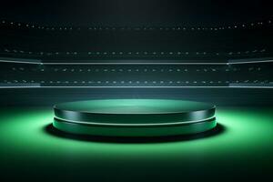 Green round podium in dark room with neon lights. 3D rendering Ai Generated photo