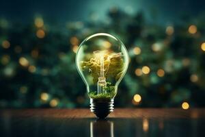 Light bulb with tree inside. Green energy concept. 3D Rendering Ai Generated photo