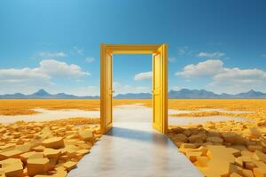 Open door in the desert with sand and sky background. 3d render photo