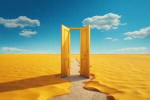 Open door in the desert with sand and sky background. 3d render photo