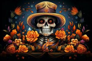 Skull playing guitar on a mexican day of the dead background Ai Generated photo