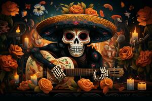 Skull playing guitar on a mexican day of the dead background Ai Generated photo