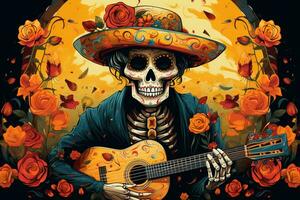 Skull playing guitar on a mexican day of the dead background Ai Generated photo