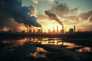 industrial paisaje con contaminador fábrica a puesta de sol. vector ilustración. ai generado foto