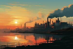 industrial paisaje con contaminador fábrica a puesta de sol. vector ilustración. ai generado foto