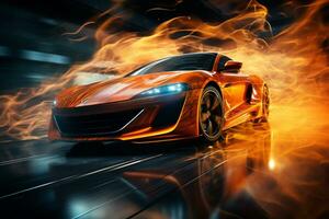 sport car on a dark background with light effects. 3d rendering Ai Generated photo