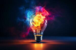 Glowing electric light bulb with lightning inside, 3D rendering. Ai Generated photo