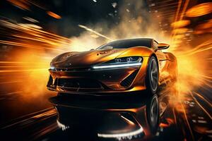 sport car on a dark background with light effects. 3d rendering Ai Generated photo