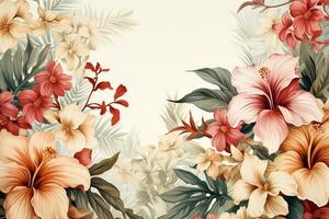 Tropical background with palm leaves and hibiscus flowers Ai Generated photo