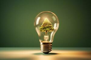 Green eco energy concept with tree inside of light bulb. 3D Rendering Ai Generated photo
