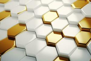 3d rendering of abstract hexagon background in golden and white color Ai Generated photo