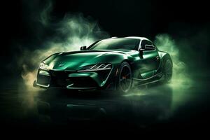 Dark green sports car with smoke on a dark background. 3d rendering Ai Generated photo