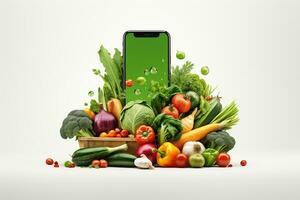 Healthy food concept with fresh vegetables and mobile phone on White background Ai Generated photo