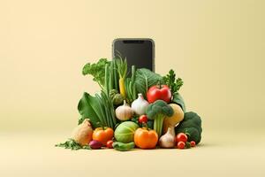 sano comida concepto con Fresco vegetales y móvil teléfono en verde antecedentes ai generado foto