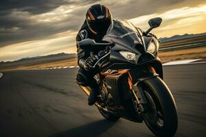 Motorcycle rider riding on the road at sunset. Sport bike. Ai Generated photo