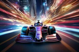 3D rendering of a formula race car in a futuristic city. Ai Generated photo