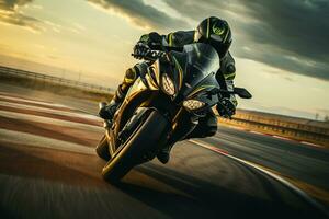 Motorcycle rider riding on the road at sunset. Sport bike. Ai Generated photo