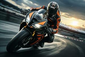 Motorcycle rider riding on the road at sunset. Sport bike. Ai Generated photo