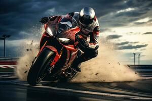 Motorcycle rider riding on the road at sunset. Sport bike. Ai Generated photo