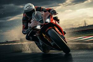 Motorcycle rider riding on the road at sunset. Sport bike. Ai Generated photo