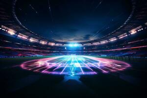 Soccer stadium at night with lights and flares. 3D rendering Ai Generated photo