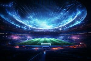 Soccer stadium at night with lights and flares. 3D rendering Ai Generated photo