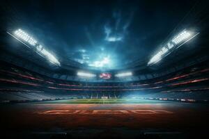 Soccer stadium at night with lights and flares. 3D rendering Ai Generated photo
