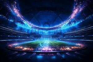 Soccer stadium at night with lights and flares. 3D rendering Ai Generated photo