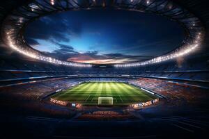 Soccer stadium at night with lights and flares. 3D rendering Ai Generated photo