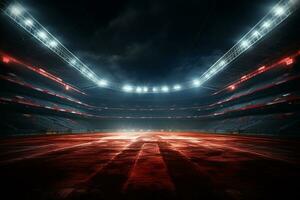 Soccer stadium at night with lights and flares. 3D rendering Ai Generated photo