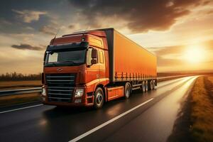 Truck on the highway at sunset. Transportation and logistics concept. Ai Generated photo