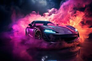 3D rendering of a brand less generic concept car in smoke Ai Generated photo