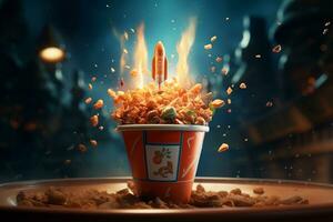 Falling popcorn in a bucket with a rocket flying above it. Ai Generated photo