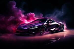 3D rendering of a brand less generic concept car in smoke Ai Generated photo