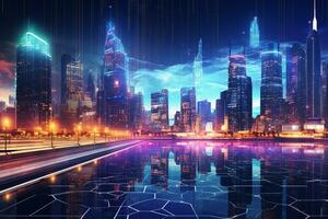 futurista ciudad a noche con brillante luces y ciberespacio ai generado foto
