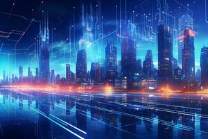 Futuristic city at night with glowing lights and cyberspace Ai Generated photo